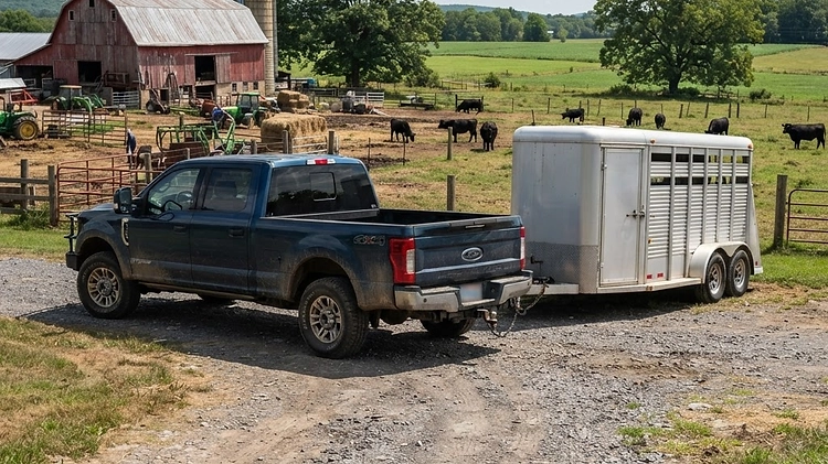 A bumper pull livestock trailer hitched to a pickup truck