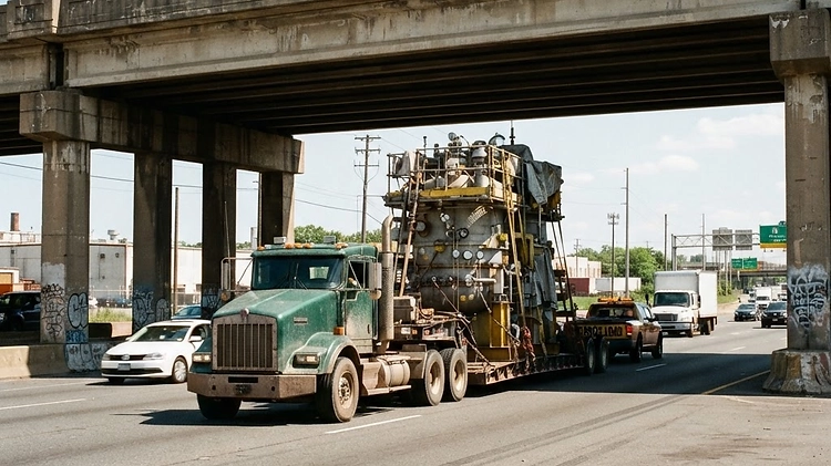 A heavy-duty flatbed trailer hauling tall equipment under a highway overpass