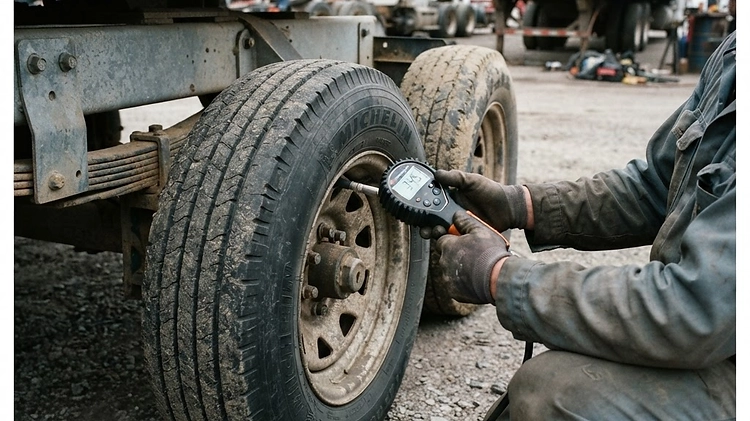 Mechanic checking trailer tire pressure with a digital pressure gauge