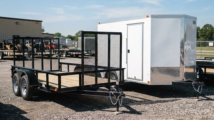 Open vs Enclosed Landscape Trailers Side-by-side comparison of an open utility trailer and an enclosed cargo trailer