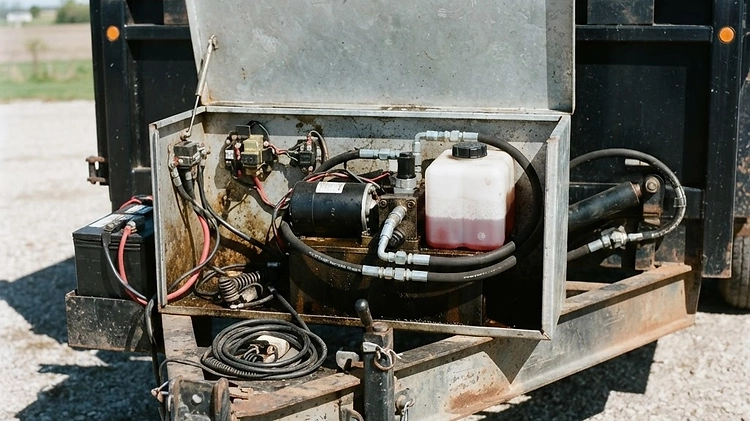 Checking the fluid level on a dump trailer hydraulic pump with the bed lowered
