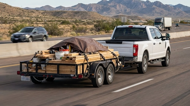 A truck and trailer driving safely down a highway without swaying.