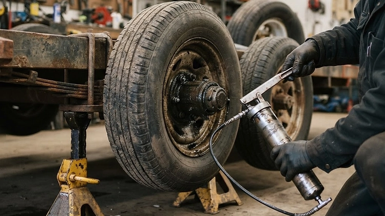 Mechanic using a manual grease gun on a trailer wheel hub