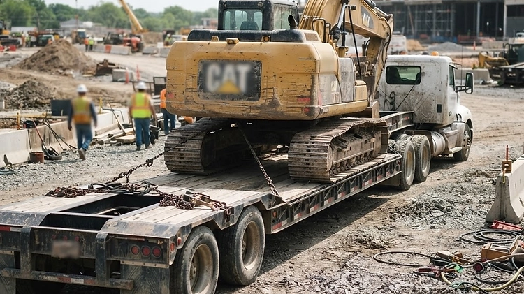 A heavy-duty deckover trailer loaded with construction equipment on a job site