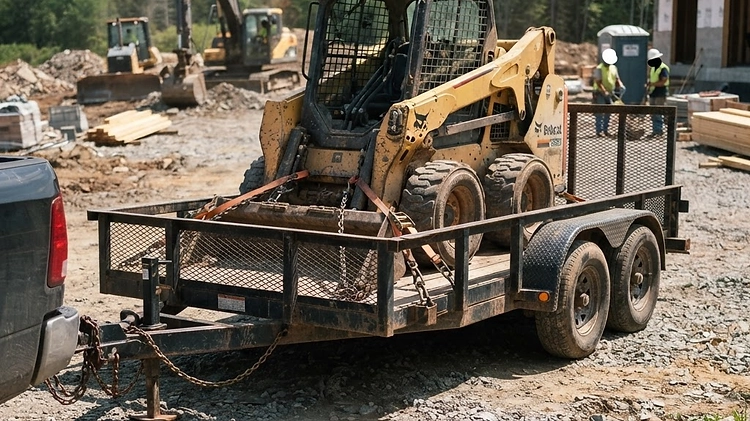 A heavy-duty dual-axle equipment trailer loaded with a skid steer