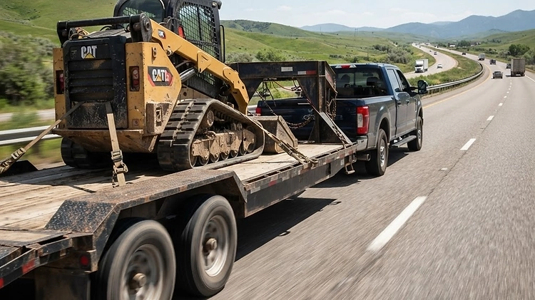 Heavy duty gooseneck trailer loaded with equipment driving on the highway