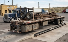 A heavy-duty flatbed trailer equipped with aftermarket toolboxes and a winch