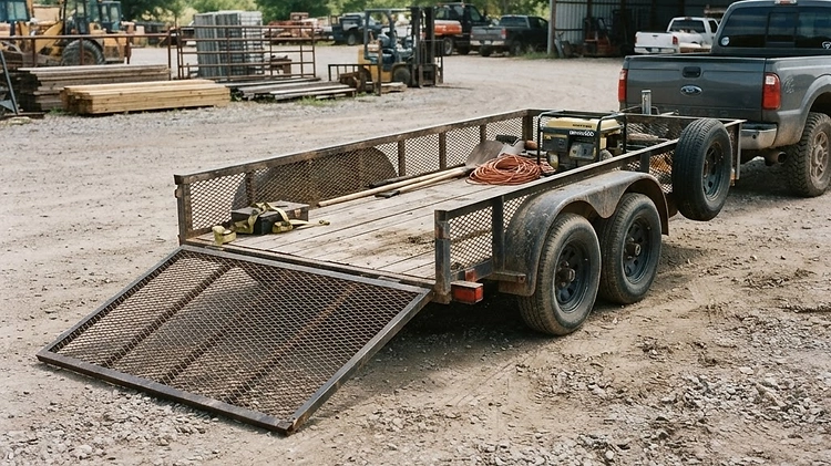 A heavy-duty 7x16 tandem axle utility trailer with a rear ramp gate