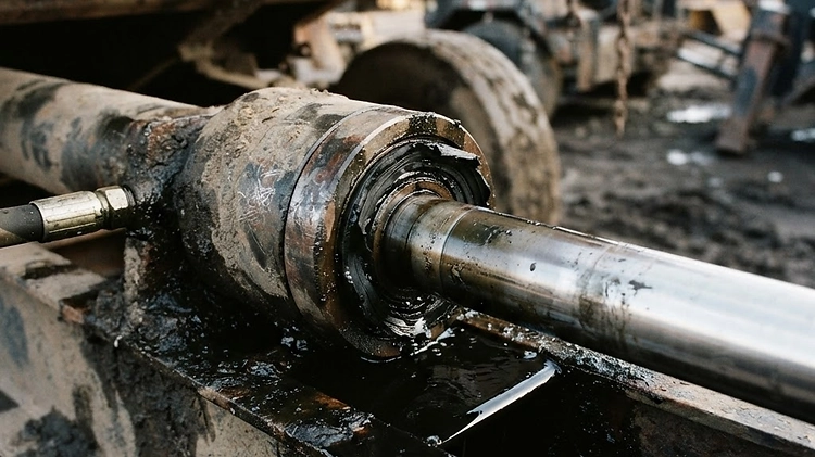A leaking hydraulic cylinder seal on a dump trailer