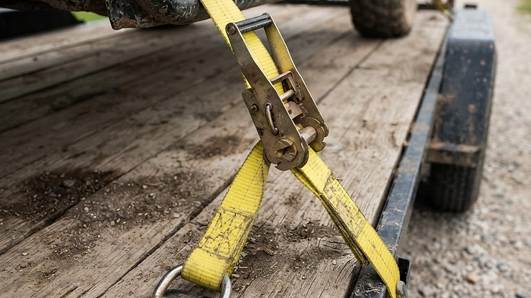 Securing UTV with Ratchet Straps Heavy duty ratchet straps securing a UTV to a trailer deck