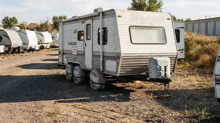 Trailer parked in storage with protective covers over the tires