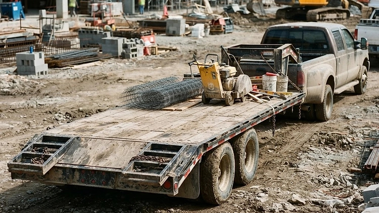 A heavy-duty deckover trailer with a wide, flat deck extending over the wheels.