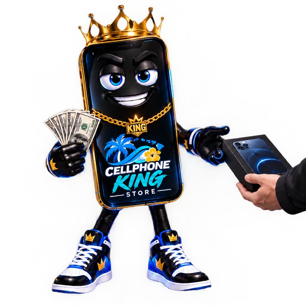 Cellphone King mascot receiving a phone