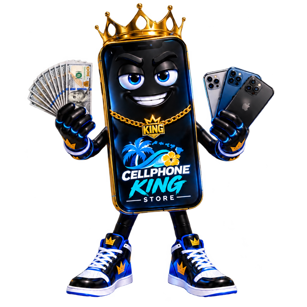 Cellphone King mascot holding cash and phones