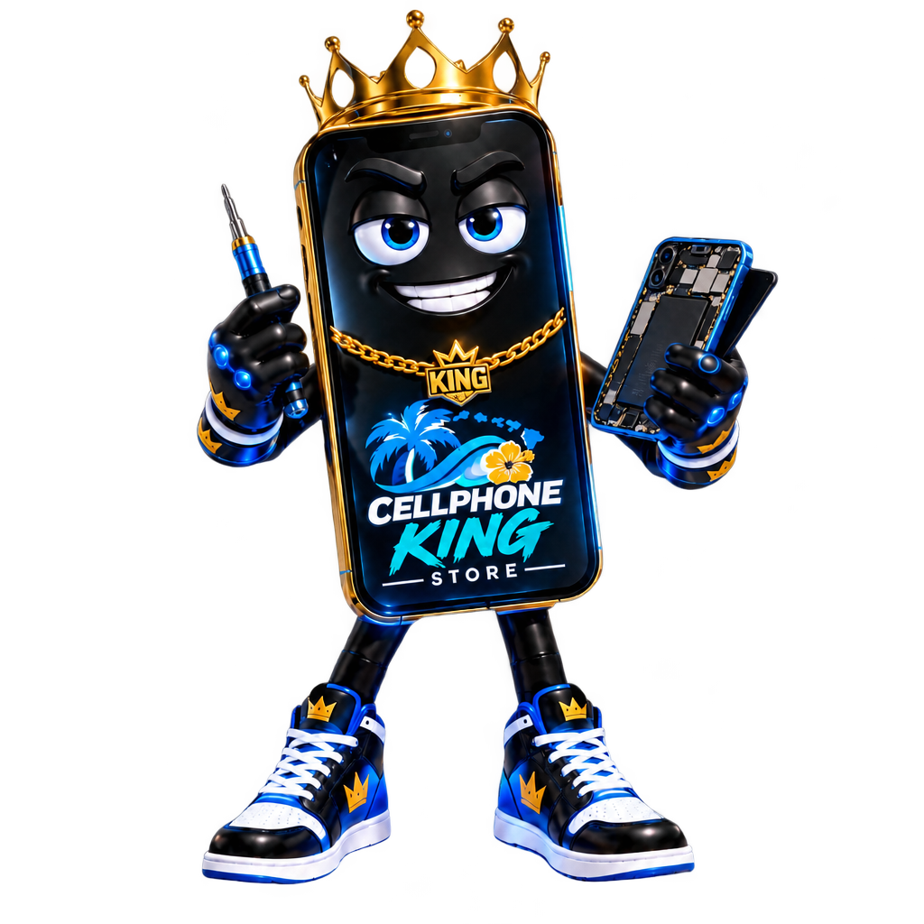 Cellphone King mascot holding repair tools