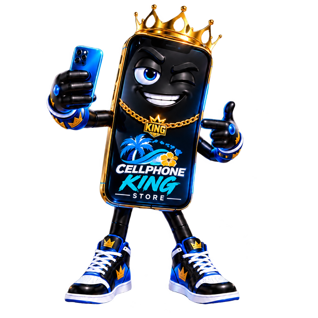 Cellphone King mascot holding a phone to his ear