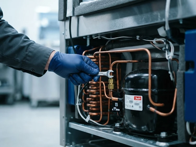 Technician's gloved hand adjusting a Kelvinator compressor