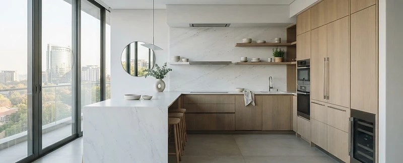 Modern luxury apartment kitchen with large integrated fridge-freezer