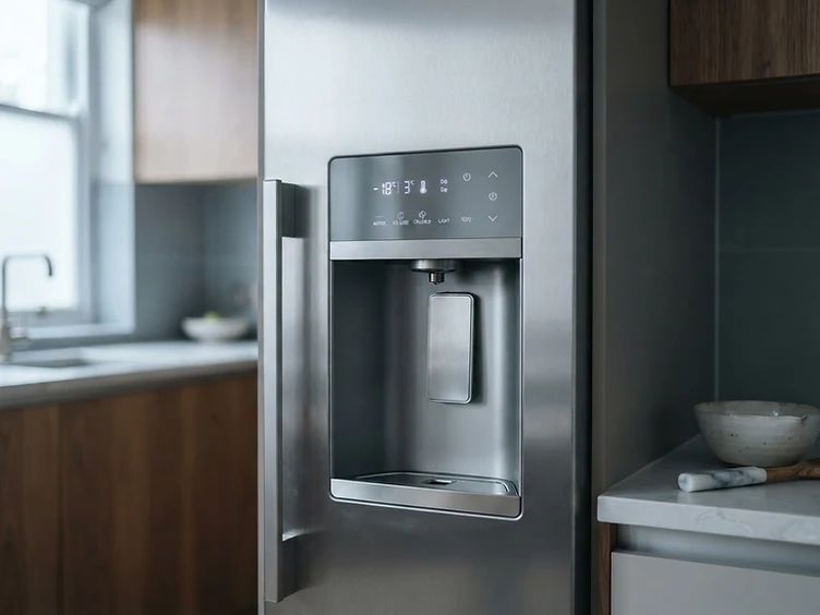 Kelvinator water dispenser refrigerator in a high-end apartment kitchen