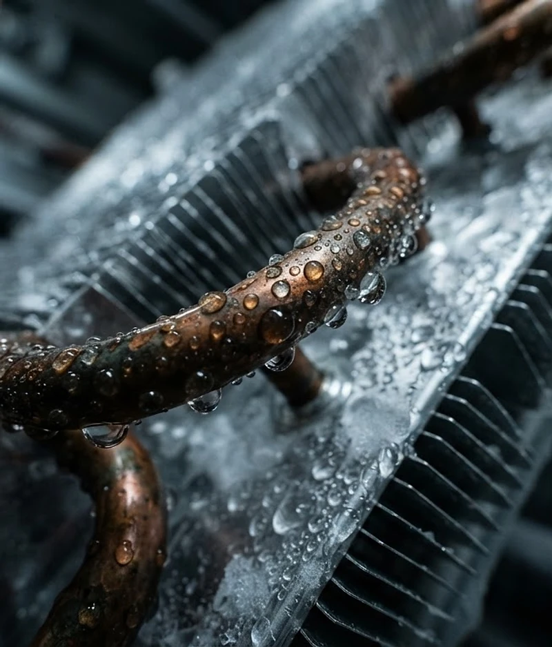Macro of refrigeration copper coil with condensation