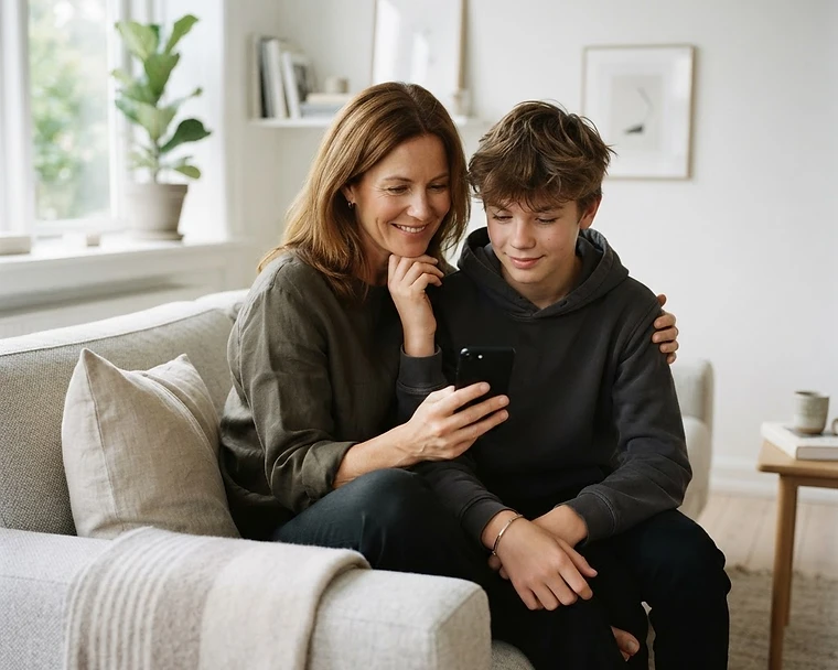 Forælder og teenager, der ser på en telefon sammen