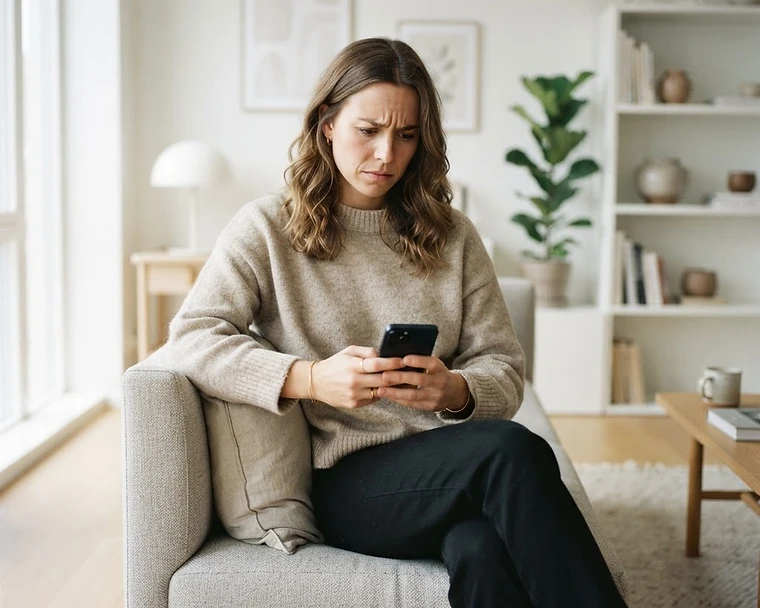 Person, der betænker sig over en samtale på en markedsplads på sin telefon