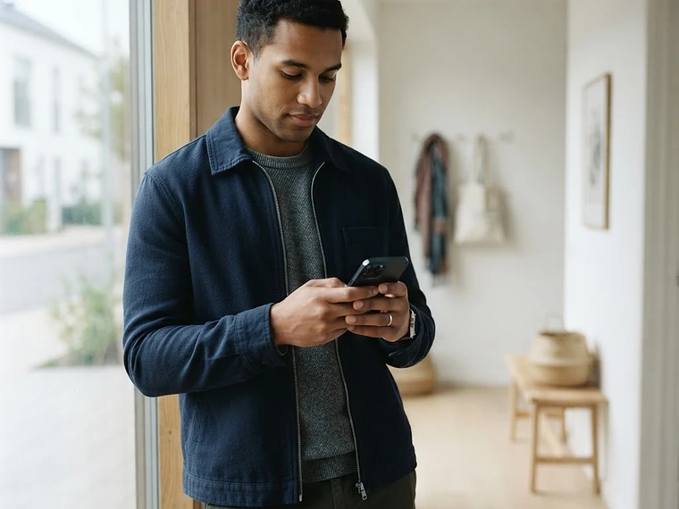Person i en nordisk entré, der læser en markedsplads-samtale på telefonen inden afhentning