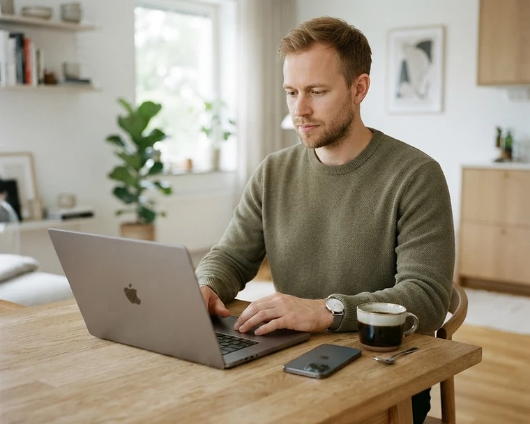 En køber, der kontrollerer oplysninger på en laptop