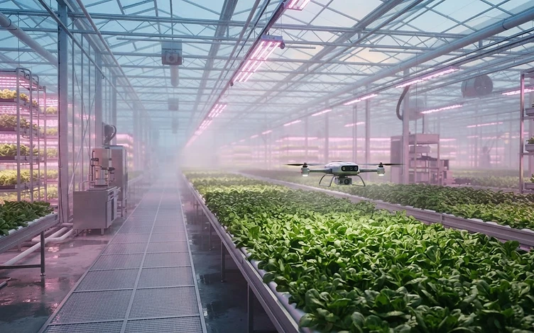 High-tech greenhouse at dawn