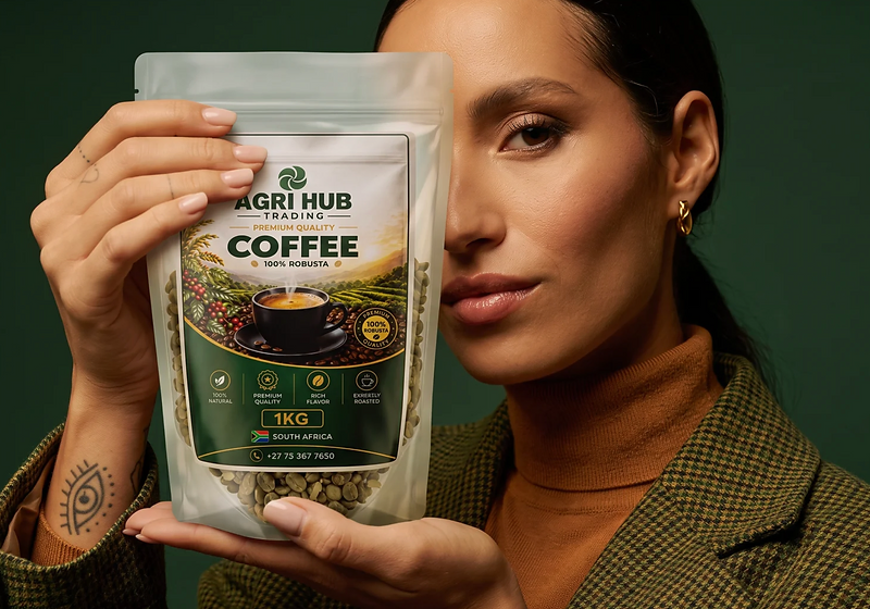 Premium AgriHub Trading Robusta coffee pouch held against a deep green backdrop