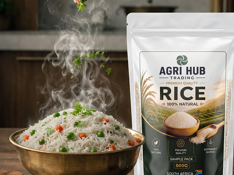 Premium AgriHub rice served in a brass bowl beside the 500g pouch