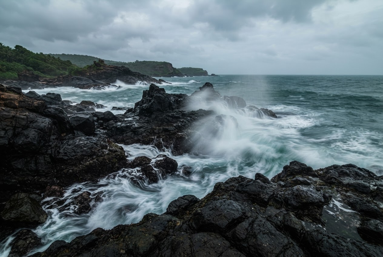 Arabian Sea against black rocks at Om Beach
