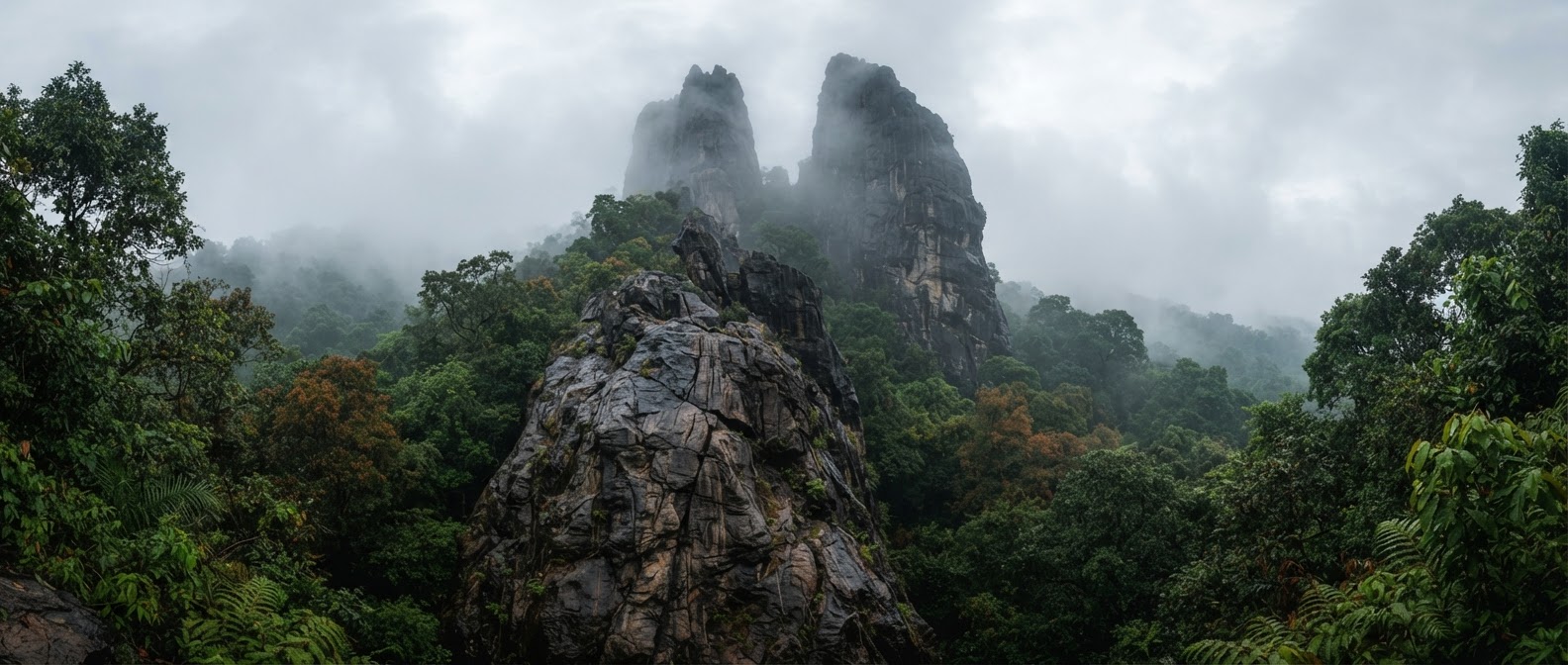 Yana Rocks shrouded in morning mist, Uttara Kannada