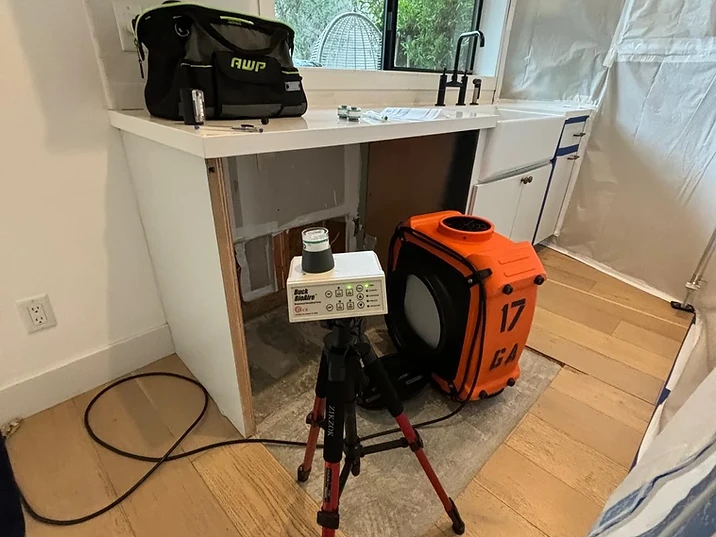 Handheld thermal camera used to inspect an interior wall for moisture during mold assessment