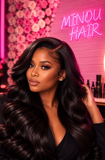 Glamorous model with long glossy waves beside the MINOU HAIR salon sign