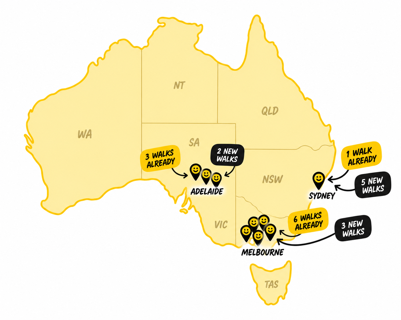 Map of Australia showing Social Walks locations and the number of walks in each city