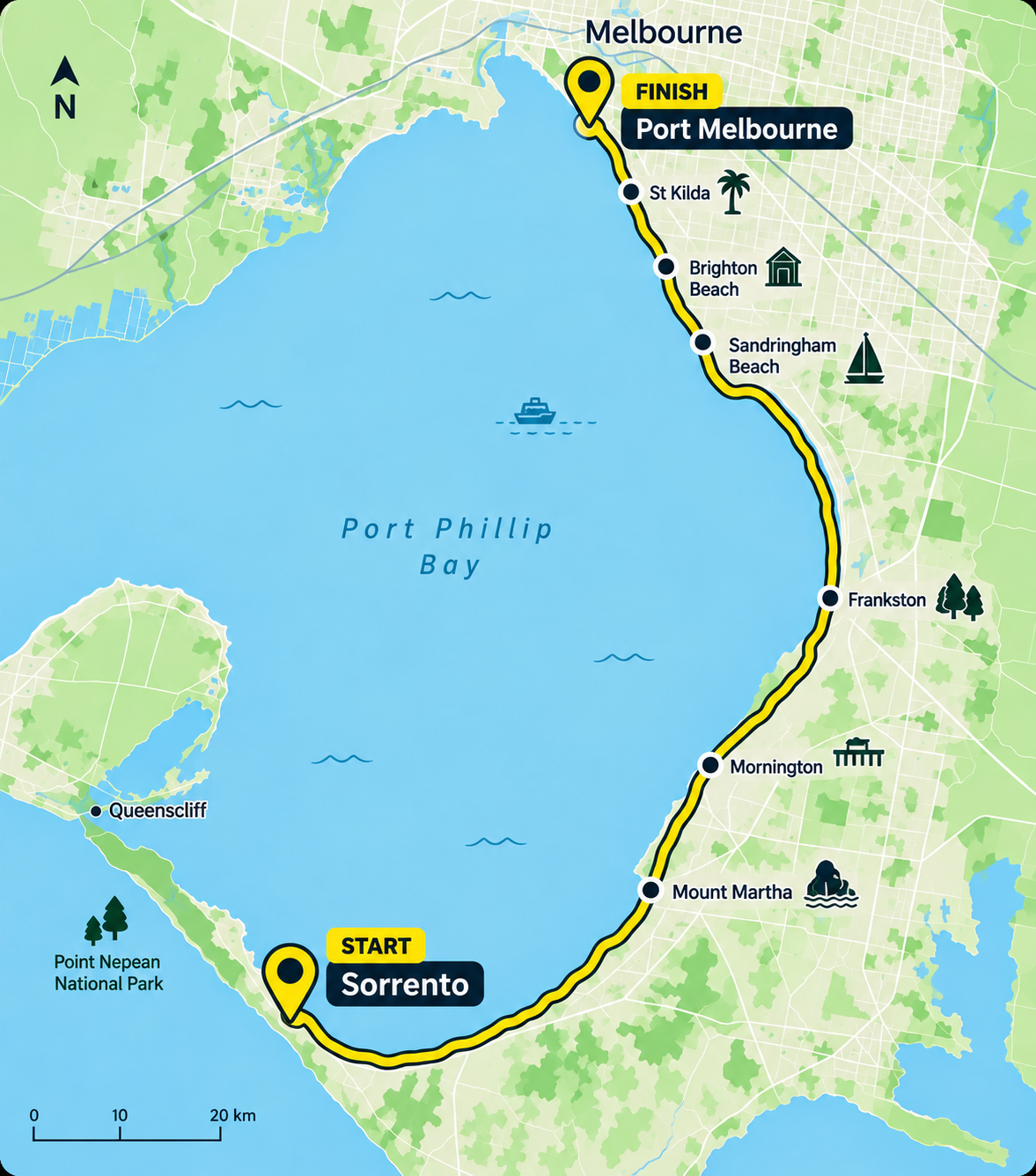 Map of the 100 km route from Sorrento to Port Melbourne along Port Phillip Bay