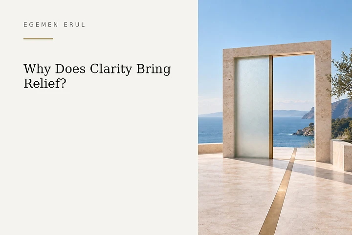A limestone passage facing an open Mediterranean horizon, with one side covered by frosted glass, the other open, and a continuous fine golden route across the floor, symbolising the transition from uncertainty to clarity.