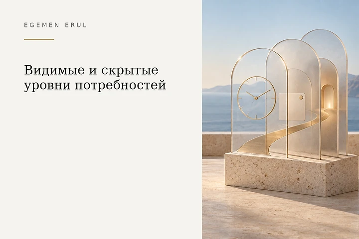 На светлом основании из средиземноморского камня расположены прозрачные и матовые стеклянные слои, через которые проходит тонкий золотой маршрут; часы и персональная карточка символизируют время, доверие и индивидуальное внимание, скрытые за видимым запросом.