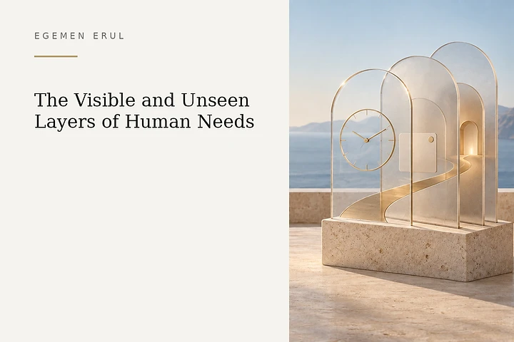 Transparent and frosted glass layers stand on a pale Mediterranean stone base as a fine golden route passes through them; a clock and personal card symbolise the time, trust and individual attention behind visible requests.