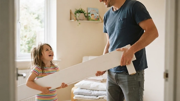 A father and daughter carrying a new bed frame into her bedroom