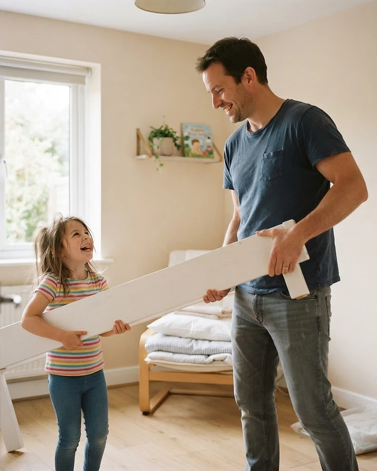 A family carrying a new bed frame into a bedroom