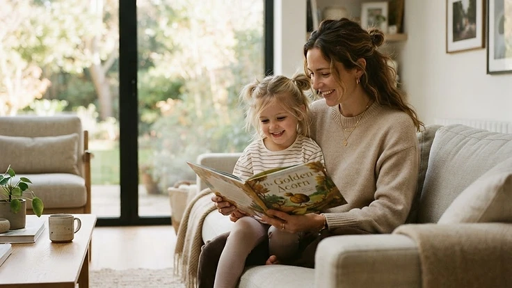 A mother and daughter reading together in a bright living room