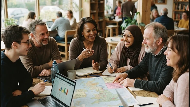 Local community leaders collaborating around a map of the UK
