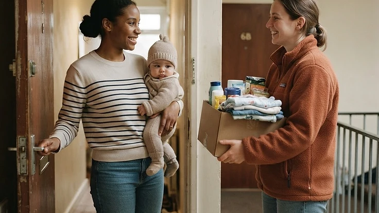 A volunteer handing a box of household essentials to a mother at her door