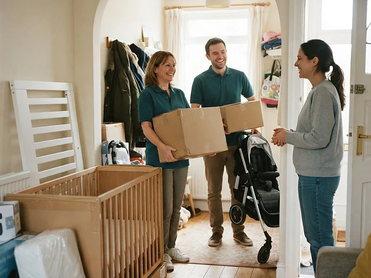 Volunteers delivering new children's beds, a cot and baby equipment to a family home