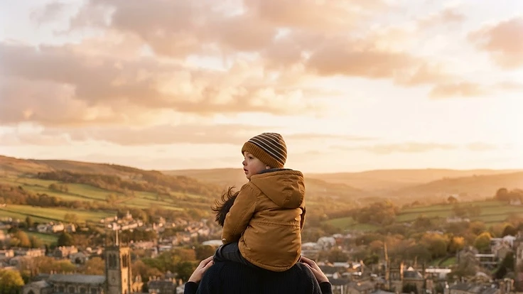 A child on a parent's shoulders looking out over a town at golden hour