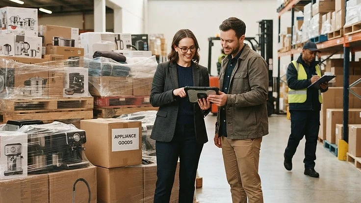 Professionals reviewing logistics beside pallets of household goods