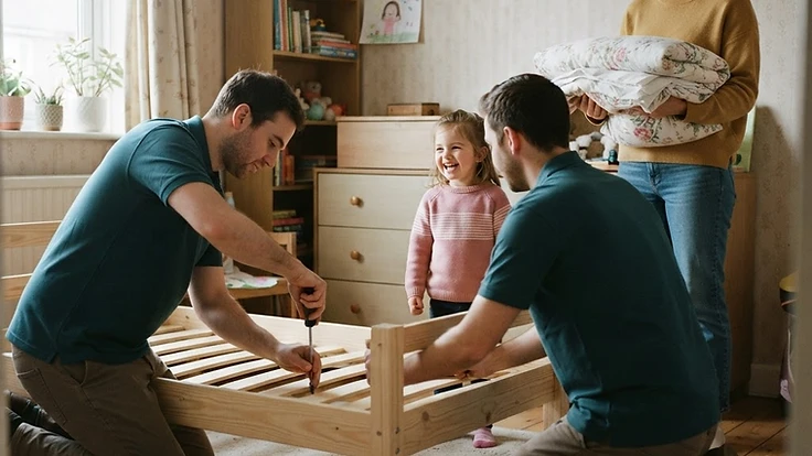 Volunteers assembling a new children's bed