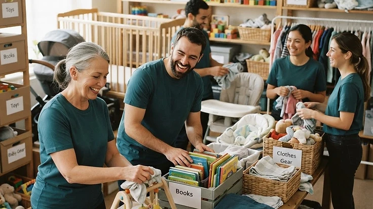 Volunteers sorting donated children's items in a community hub